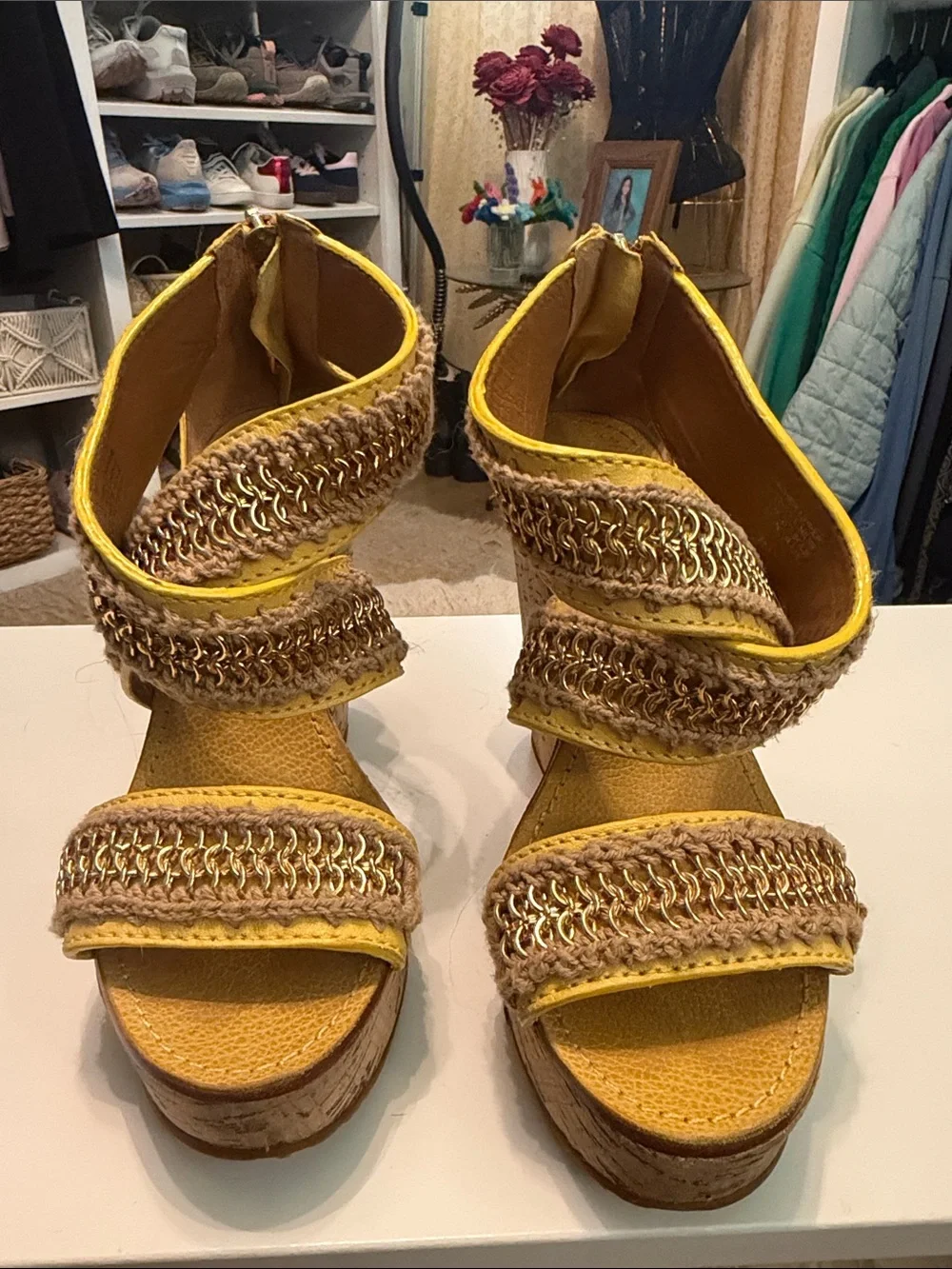Tory Burch Yellow Wedge Sandals with Jute and Gold Chain Trim